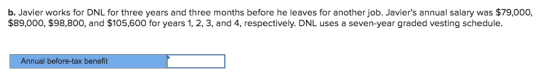 b. Javier works for DNL for three years and three months before he leaves for another job. Javiers annual salary was $79,000, $89,000, $98,800, and $105,600 for years 1, 2, 3, and 4, respectively. DNL uses a seven-year graded vesting schedule. Annual before-tax benefit