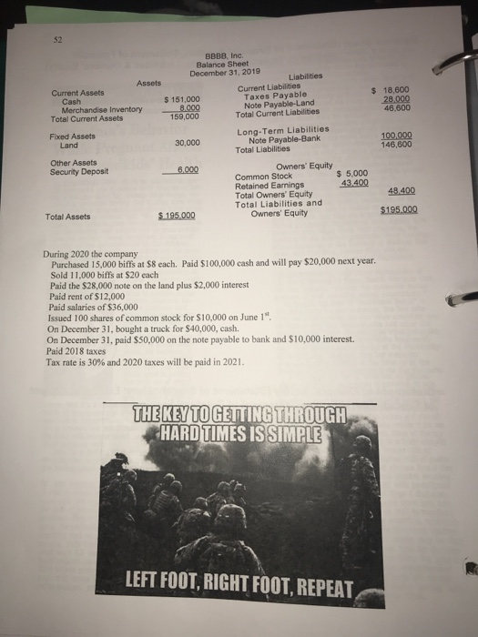 52 BBBB, Inc. Balance Sheet December 31, 2019 Liabilities Assets Current Liabilities $ 18,600 28.000 46,600 Current Assets $ 151,000 8000 159,000 Taxes Payable Note Payable-Land Total Current Liabilities Cash Merchandise Inventory Total Current Assets Long-Term Liabilities 100.000 146,600 Fixed Assets Note Payable-Bank Total Liabilities Land 30,000 Other Assets Security Deposit owners Equity $ 5,.000 Common Stock Retained Earnings Total Owners Equity Total Liabilities and 43409 8400 Owners Equity $195.000 Total Assets $ 195,000 During 2020 the company Purchased 15,000 biffs at $8 each. Paid $100,000 cash and will pay $20,000 next year. Sold 11,000 biffs at $20 each Paid the $28,000 note on the land plus $2,000 interest Paid rent of $12,000 Paid salaries of $36,000 Issued 100 shares of common stock for $10,000 on June 1st On December 31, bought a truck for $40,000, cash. On December 31, paid $50,000 on the note payable to bank and $10,000 interest. Paid 2018 taxes Tax rate is 30% and 2020 taxes will be paid in 2021. THE KEY TOGETTING THROUGH HARDTIMES ISSIMPLE LEFT FOOT, RIGHT FOOT, REPEAT