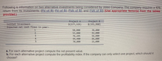 Following is information on two alternative investments being considered by Jolee Company. The company requires a 10% return