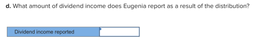 d. What amount of dividend income does Eugenia report as a result of the distribution? Dividend income reported