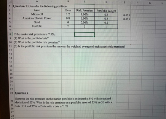 G H 1 Portfolio Weight Question 1: Consider the following portfolio: Asset Beta Microsoft 1.2 American Electric Power 0.8 Gol