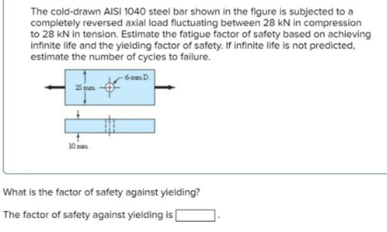 The cold-drawn AISI 1040 steel bar shown in the figure is subjected to a completely reversed axial load fluctuating between 2