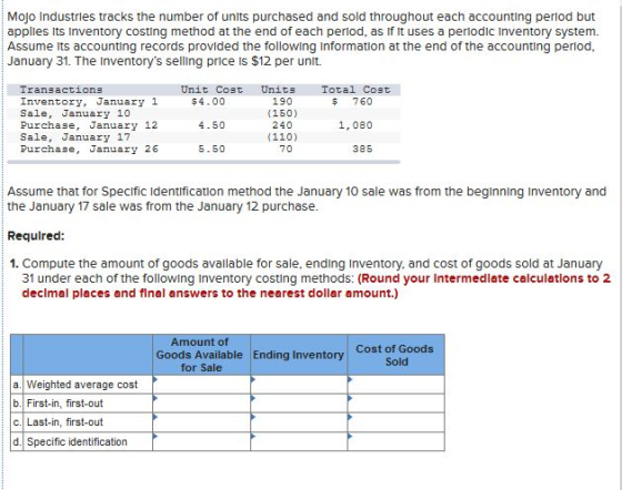 Mojo Industries tracks the number of units purchased and sold throughout each accounting period but applies Its Inventory cos