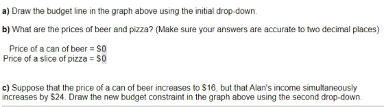 a) Draw the budget line in the graph above using the initial drop-down. b) What are the prices of beer and pizza? (Make sure