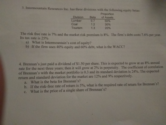 3. Intermountain Resources Inc. has three divisions with the following equity betas: Proportion Division Beta of Assets Lumbe