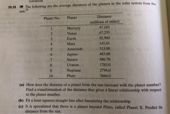 retention 10.18 The following are the average distances of the planets in the solar system from the 25 Distance (millions of miles) 47.163 67.235 92.960 141.61 313.00 483.60 886.70 1783.0 2794.0 3666.0 Planet No. Planet Mercury Venus Earth Mars Asteroids Jupiter Saturn Uranus Neptune Pluto 4 10 (a) How does the distance of a planet from the sun increase with the planet number? Find a transformation of the distance that gives a linear relationship with respect to the planet number. (b) Fit a least squares straight line after linearizing the relationship. (c) It is speculated that there is a planet beyond Pluto, called Planet X. Predict its distance from the sun.