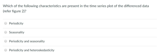 Which of the following characteristics are present in the time series plot of the differenced data (refer figure 2)? Periodicity Seasonality Periodicity and seasonality Periodicity and heteroskedasticity