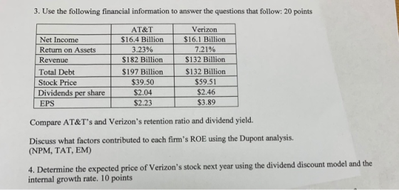 3. Use the following financial information to answer the questions that follow: 20 points Verizon AT&T $16.1 Billion $16.4 Bi