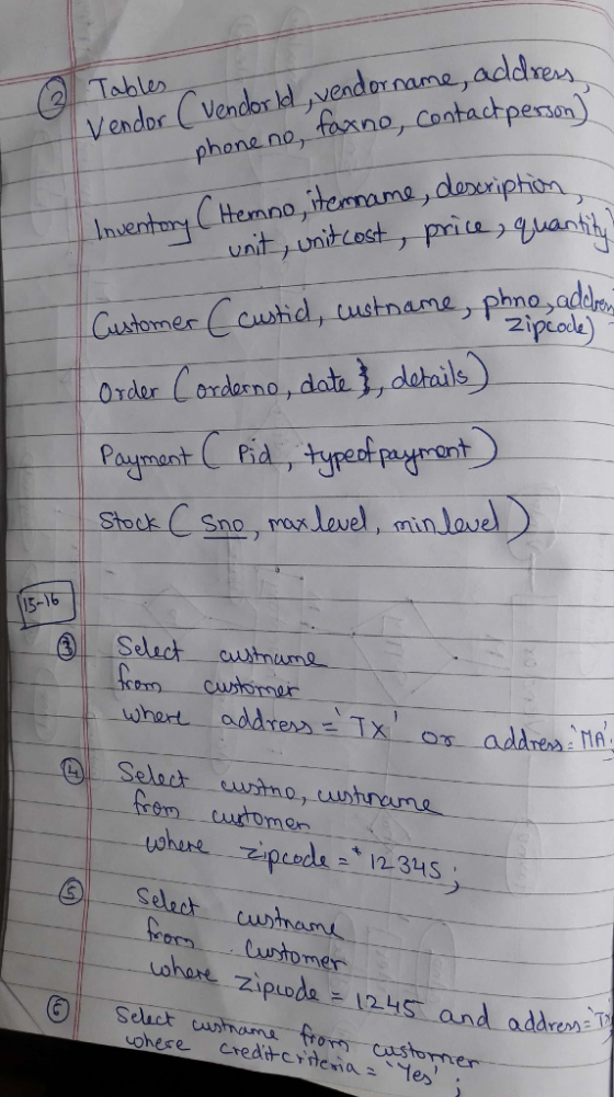 Tables Vendo. C vendorldナvendor name, adden annno, catau pes) Vendor Ven no.-Cont phona no zipick) Order Coxdosno,dat , dotails Paymont Pid Shods Sno, rax.level 15 -Select PT Seluc Selad wytnam ustomer hese ohese credtcrdew custorner
