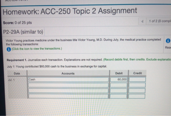 Homework: ACC-250 Topic 2 Assignment Score: 0 of 25 pts P2-29A (similar to) 1 of 2 (0 compl Victor Young practices medicine u