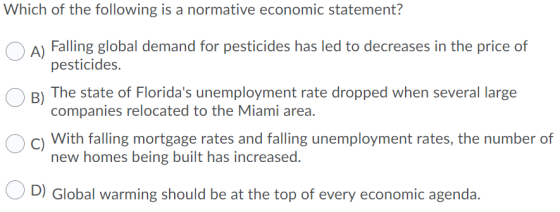 Which of the following is a normative economic statement? A) Falling global demand for pesticides has led to decreases in the