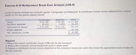 Exercise 6-10 Multiproduct Break-Even Analysis (LO6-9) Lucido Products markets two computer games: Claimjumper and Makeover.