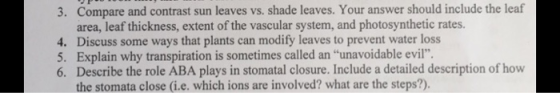 3. Compare and contrast sun leaves vs. shade leaves. Your answer should include the leaf area, leaf thickness, extent of the