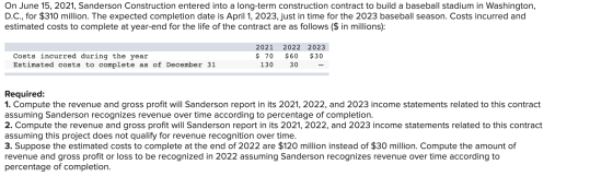 On June 15, 2021, Sanderson Construction entered into a long-term construction contract to build a baseball stadium in Washin