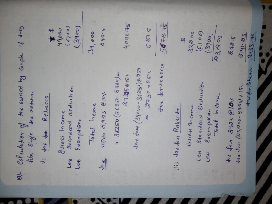 (9). if they. Calentation of tax owned by Couple file single tax return. 11 dax for Rebecca 1 $ 49,000 (6160) (3900) Less Les