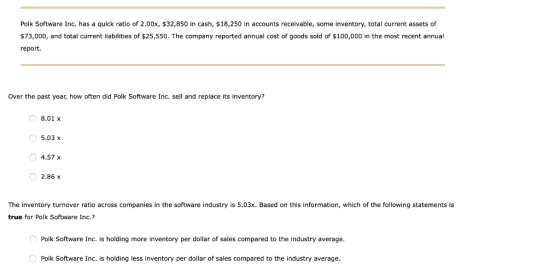 Polk Software Inc. has a quick ratio of 2.00x, $32,850 in cash, $18,250 in accounts receivable, some inventory, total current