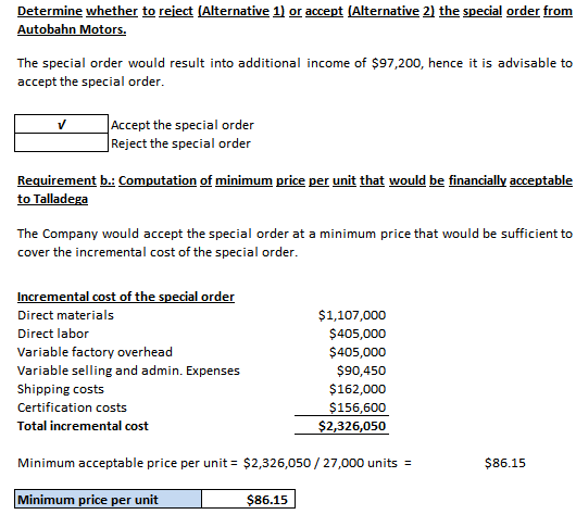 Determine whether to reject (Alternative 1) or accept (Alternative 2) the special order from Autobahn Motors. The special ord