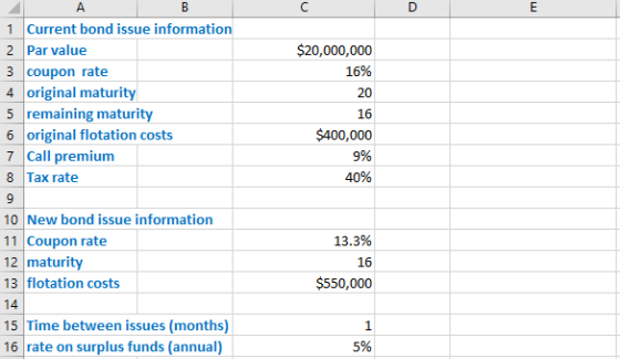 $20,000,000 16% 20 1 Current bond issue information 2 Par value 3 coupon rate 4 original maturity 5 remaining maturity 6 orig