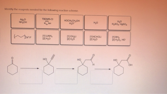Identify the reagents needed for the following reaction scheme. TBDMS-CI Ag,0 NH OH HOCH,CH, OH HO H0.20 H2O H2SO4, HgSO4 MNF