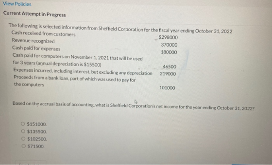 View Policies Current Attempt in Progress The following is selected information from Sheffield Corporation for the fiscal yea