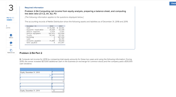 Check Required information Problem 2-5A Computing net income from equity analysis, preparing a balance sheet, and computing t