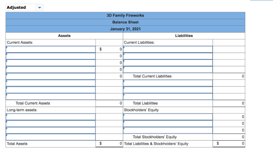 Adjusted 3D Family Fireworks Balance Sheet January 31, 2021 Assets Liabilities Current Assets Current Liabilities $ 0 0 0 0 T