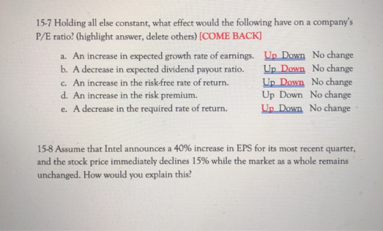 15-7 Holding all else constant, what effect would the following have on a companys P/E ratio? (highlight answer, delete othe