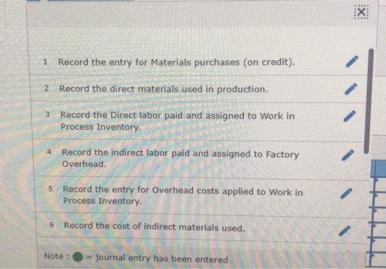 1 Record the entry for Materials purchases (on credit). 2 Record the direct materials used in production. 3 Record the Direct