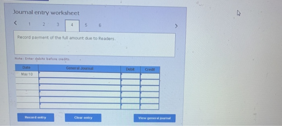 Journal entry worksheet < 1 2 3 Record payment of the full amount due to Readers. Note: Enter debits before creditt. . Date G
