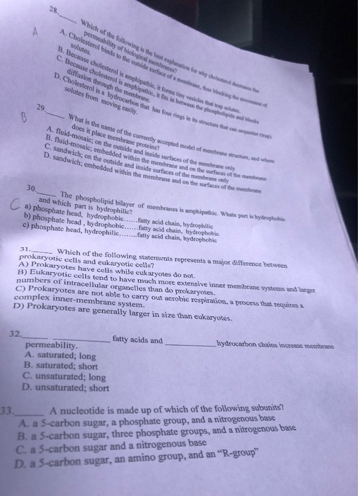 Warch of the following is the permeability of biological A. Cholesterol binds to the w ide varice of solutes. obiads to the o