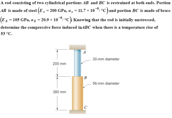 A rod consisting of two cylindrical portions AB and BC is restrained at both ends. Portion AB is made of steel (E, -200 GPa 17 c)and portion BC is made of brass (E,-105 GPa, b-20.9 x 10-6/C) Knowing that the rod is initially unstressed, determine the compressive force induced inABC when there is a temperature rise of 53 °C 30-mm diameter 200 mm 56-mm diameter 380 mm