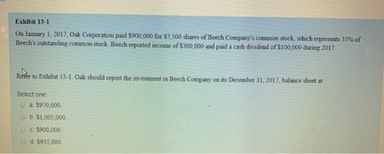 Exhibit 13-1 On January 1, 2017, Oak Corporation paid $900,000 for 87,500 shares of Beech Companys common stock, which repre