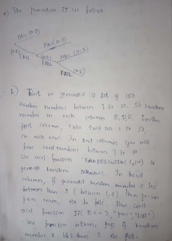 a) The procedure is as follows PASS CON Pass(0.3) LO FAIL 0-1). Pass. (0.4) thie FAIL Far (6) b) Most we genisaded a set of 1