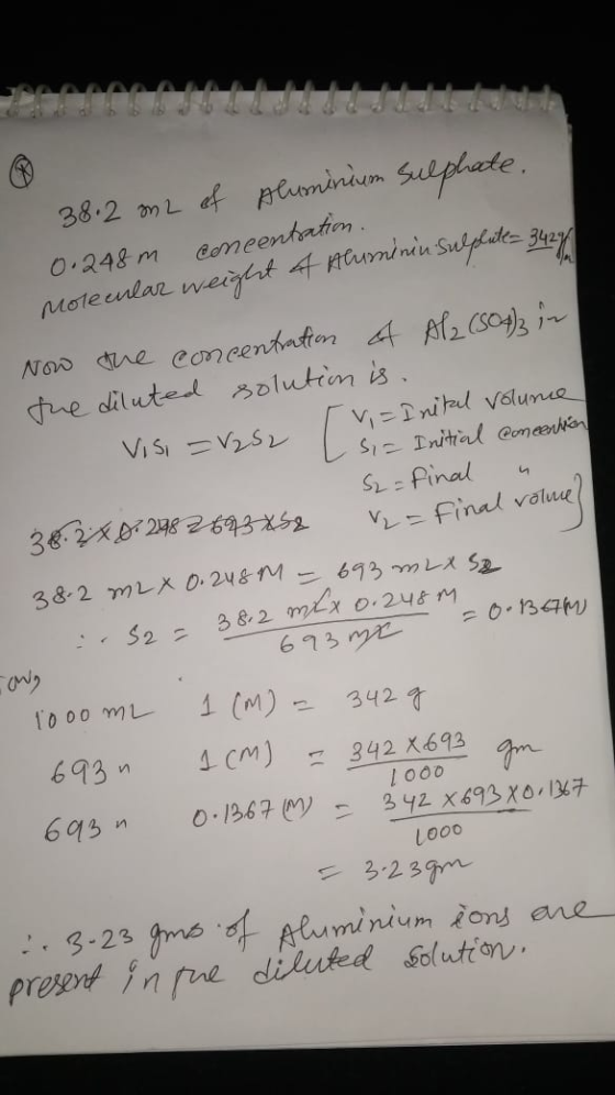 38.2 mL df uominaem Sulphate eemeentation Mote culae weight 4 Maninin Sufphude O.348 m 1 tue dituted olutim is VTnial volune