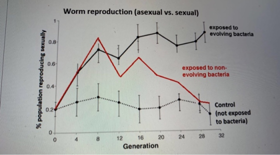 Worm reproduction (asexual vs. sexual) exposed to evolving bacteria exposed to non- evolving bacteria % population reproducin