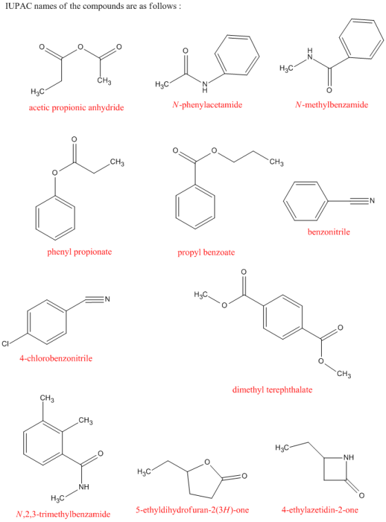 IUPAC names of the compounds are as follows: CH3 H2C H3C acetic propionic anhydride N-phenylacetamide N-methylbenzamide N ben