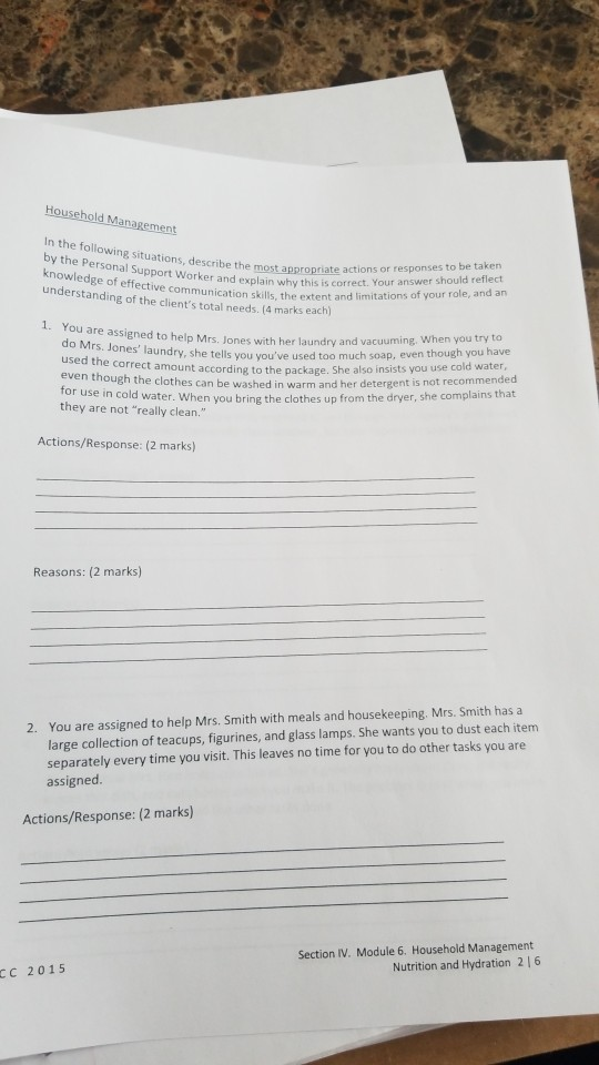Household Management In the following situations, describe the mos by the Personal Support Worker and exp knowledge of effect