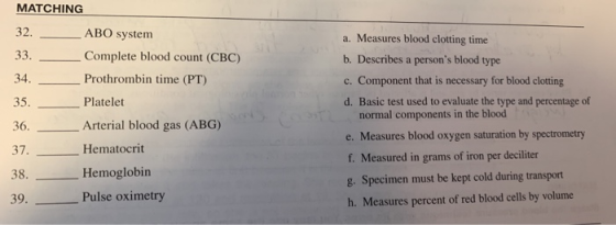 MATCHING 32. ABO system Complete blood count (CBC) Prothrombin time (PT) Platelet Arterial blood gas (ABG) Hematocrit Hemoglo