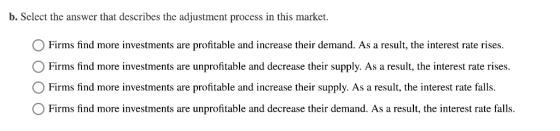 b. Select the answer that describes the adjustment process in this market. Firms find more investments are profitable and increase their demand. As a result, the interest rate rises. Firms find more investments are unprofitable and decrease their supply. As a result, the interest rate rises. O Firms find more investments are profitable and increase their supply. As a result, the interest rate falls. Firms find more investments are unprofitable and decrease their demand. As a result, the interest rate falls.