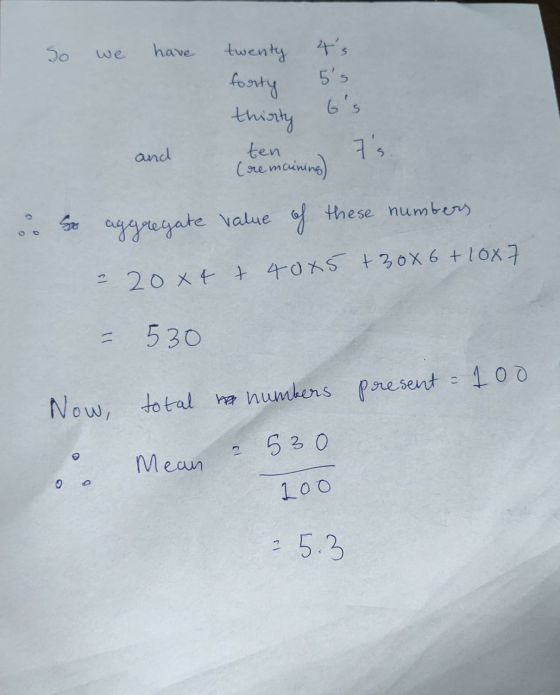 So have twenty forty 5s thirty ten (remaining) and 7s. So aggregate value of these numbers = 20x4 + 40x5 +30x6+ 1087 1 530