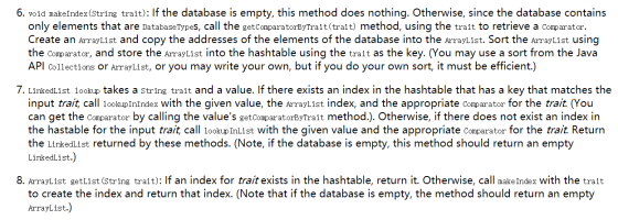 6. void makeIndex (String trait): If the database is empty, this method does nothing. Otherwise, since the database contains