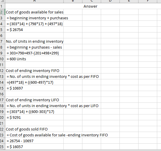 1 Answer 2 Cost of goods available for sales 3 = beginning inventory + purchases 4 = (303*14) + (798*17) + (497*18) 5 = $ 267