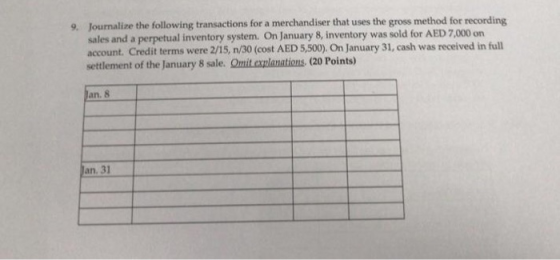 9. Journalize the following transactions for a merchandiser that uses the gross method for recording sales and a perpetual in