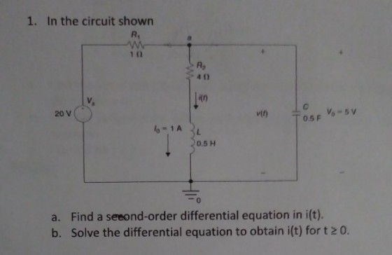 1. In the circuit shown Ra t0 20 V( T05F lo-1A 0.5 H -0 a. Find a seeond-order differential equation in i(t). b. Solve the differential equation to obtain i(t) for t 2 0.