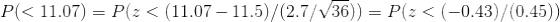 P(< 11.07) = P(z < (11.07-11.5)/(2.7/V36)) = P(z < (-0.43)// (0.45))