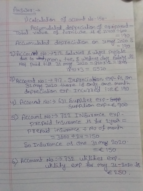 Answer: Calaulation o account No-150- Accumulated depyecialion af oguipment Total value of furniture is 1140D boo = 190 Accum