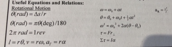Useful Equations and Relations: Rotational Motion Arad-As I r 0(rad) nO(deg) /180 2π rad-1 rev Er la