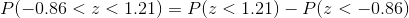 P(-0.86<z<1.21) = P(z<1.21)-P(z<-0.86)