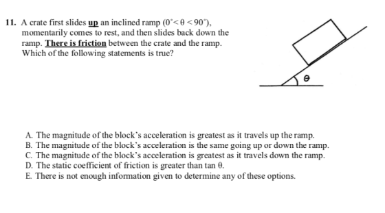 11. A crate first slides up an inclined ramp (0< θ < 90), momentarily comes to rest, and then slides back down the ramp. Th