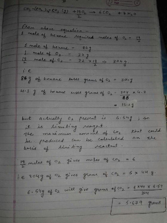 CH₂-(CH₃)4 CH₂ (g) +1902 6CO₂ +7H₂0 2 from above equation - 1 mole of he name required moles of ₂ - 19 I mole of hexane = 86g